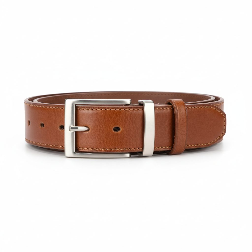 Classic brown leather belt with silver buckle