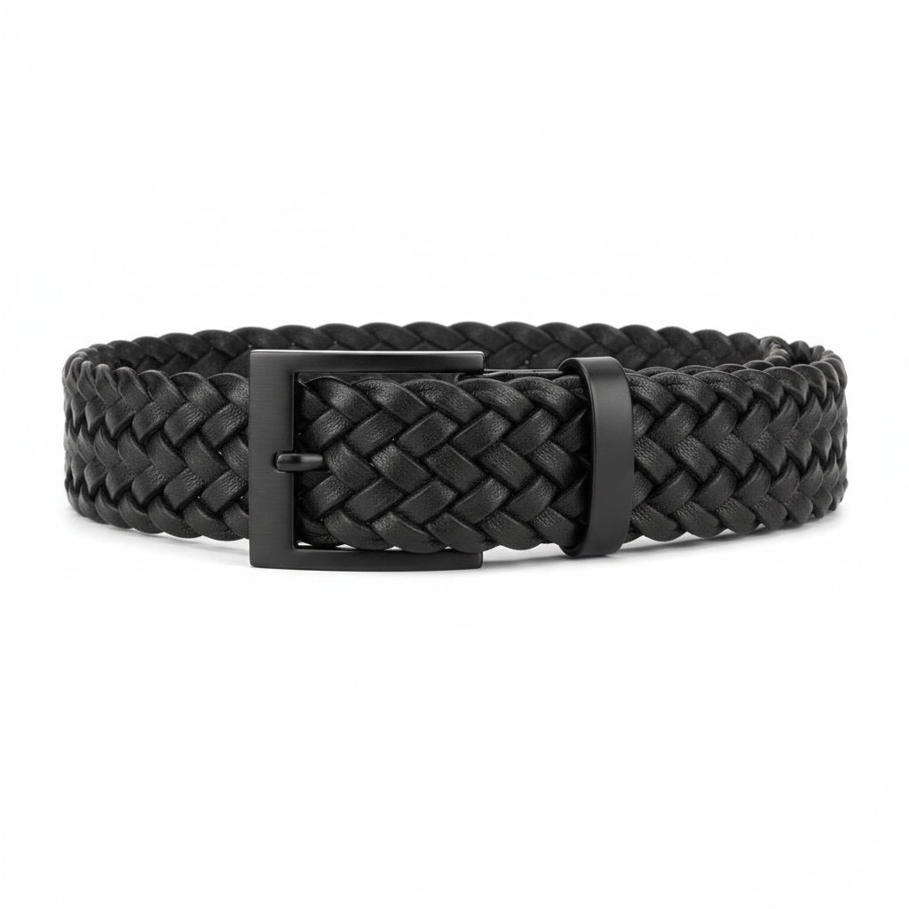 Braided black leather belt with matte black rectangular buckle