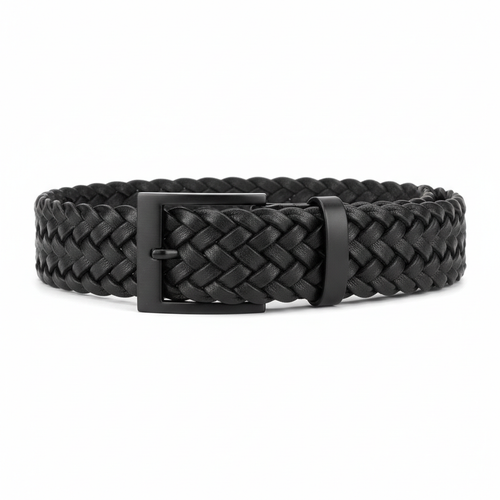 Braided black leather belt with matte black rectangular buckle