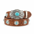 Western Tooled Leather Belt with decorative silver concho buckle