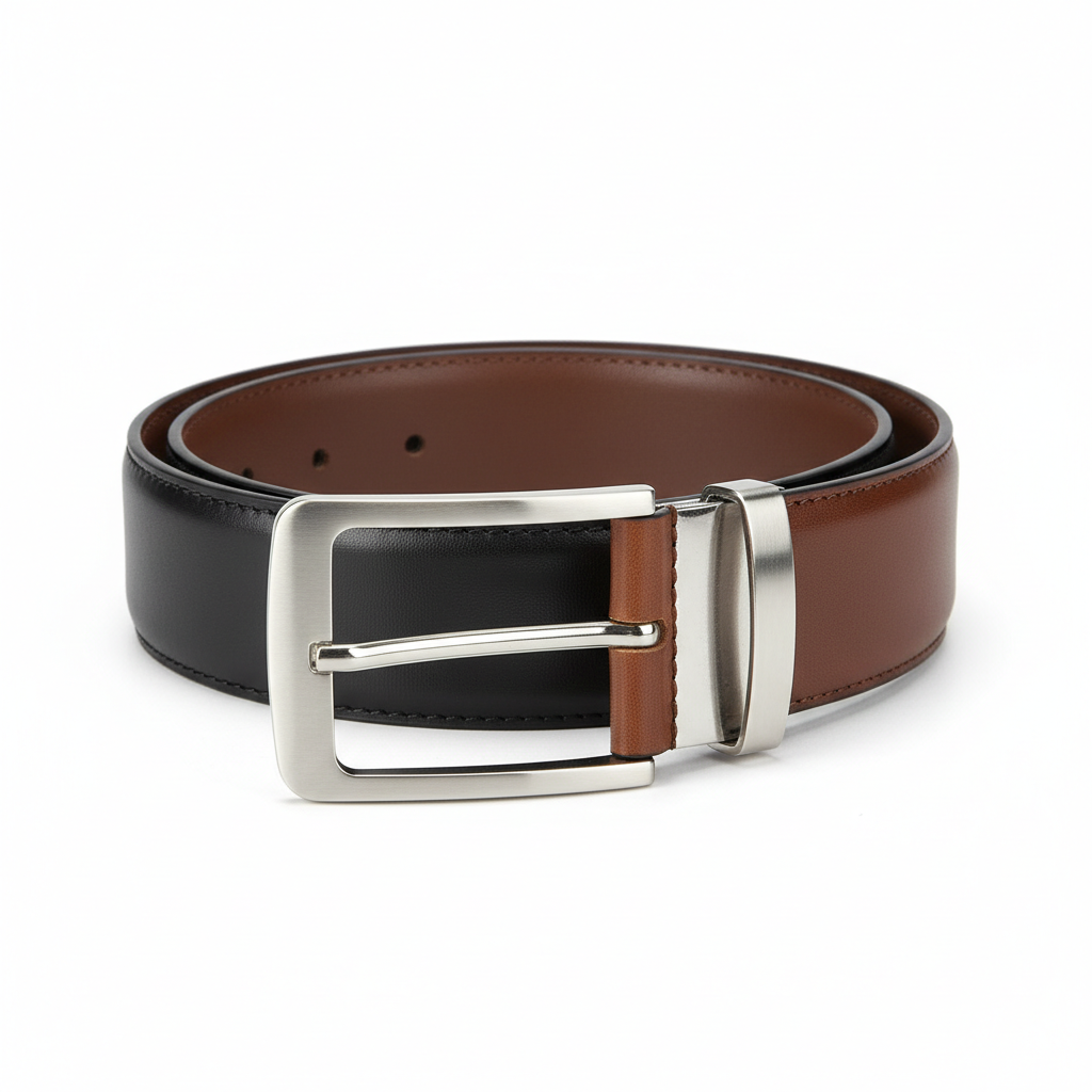 Reversible Leather Belt showing black and brown sides with silver buckle