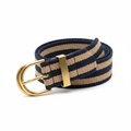 Woven canvas belt in navy blue and tan stripes with brass D-ring buckle