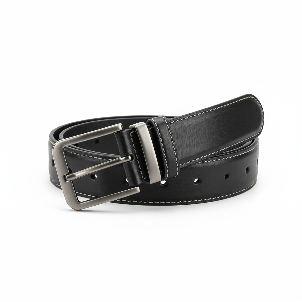 Black Casual Leather Belt with gunmetal buckle and stitched edges
