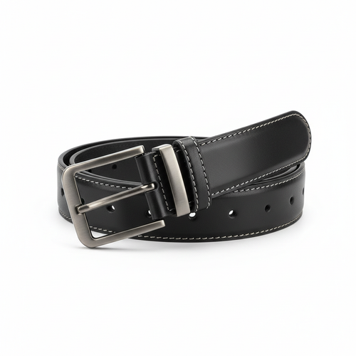 Black Casual Leather Belt with gunmetal buckle and stitched edges