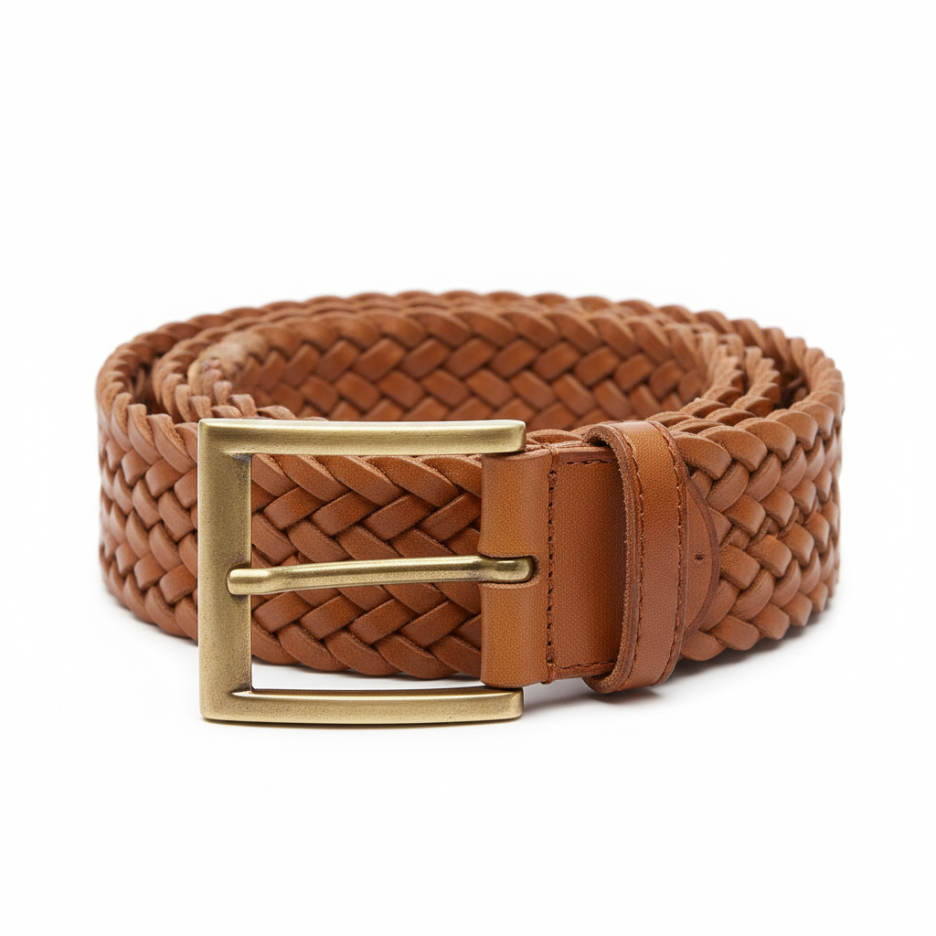 Woven Cognac Leather Belt with antique brass buckle